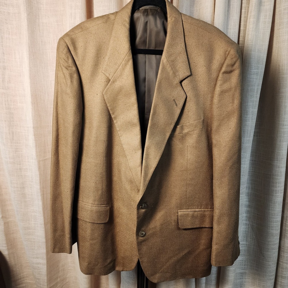Vintage Hardy Amies 46R 100% Raw Silk Blazer Camel Brown Sport Coat Made USA